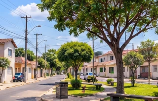 Rua residencial arborizada de uma comunidade