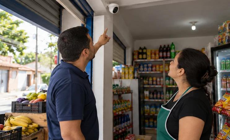 Técnico de provedor conversa com comerciante sobre uma câmera instalada na entrada do estabelecimento.