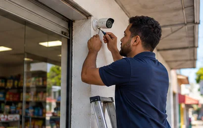 Técnico instala câmera na entrada de um comércio.
