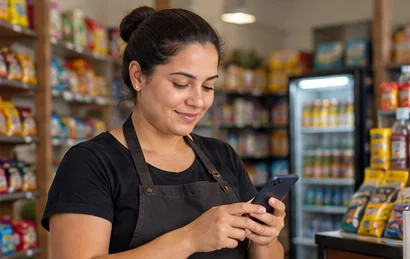 Comerciante utiliza o celular em seu estabelecimento.