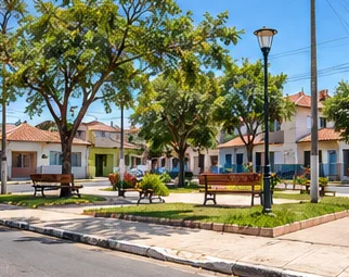 Praça arborizada em bairro residencial.