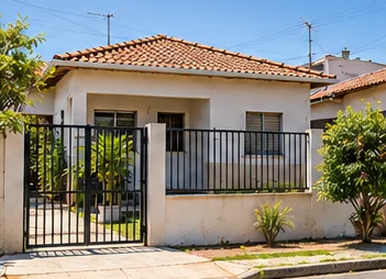 Casa térrea com portão em bairro residencial.
